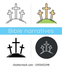 Calvary hill icon. Three crosses at Golgotha mountain. Crucifixion of Jesus Christ. Good Friday. New Testament. Bible narrative. Flat design, linear and color styles. Isolated vector illustrations