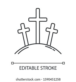 Calvary Hill Linear Icon. Three Crosses At Golgotha Mountain. Crucifixion Of Jesus Christ. Good Friday. Thin Line Illustration. Contour Symbol. Vector Isolated Outline Drawing. Editable Stroke