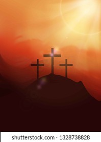 Calvary hill with silhouettes of the cross. Easter illustration. Jesus Christ is risen.Christian banner