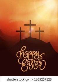 Calvary hill with silhouettes of the cross and lettering. Happy Easter illustration. Jesus Christ is risen.