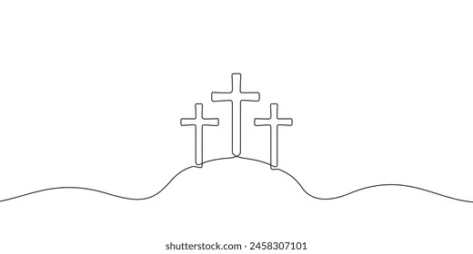 Calvary hill with three crosses. Religious christian symbol. Continuous line hand drawn. Cross vector illustration