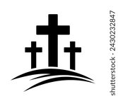 Calvary icon. Black silhouette of a crosses on Calvary hill. Religious icon on white background. Vector illustration.