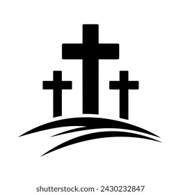 Calvary icon. Black silhouette of a crosses on Calvary hill. Religious icon on white background. Vector illustration.