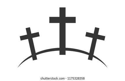 Calvary icon with three crosses on white background. Vector illustration. Black Calvary sign in flat design.