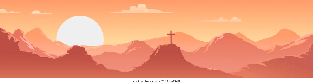 Calvary landscape. Cartoon style. Calvary cross banner.