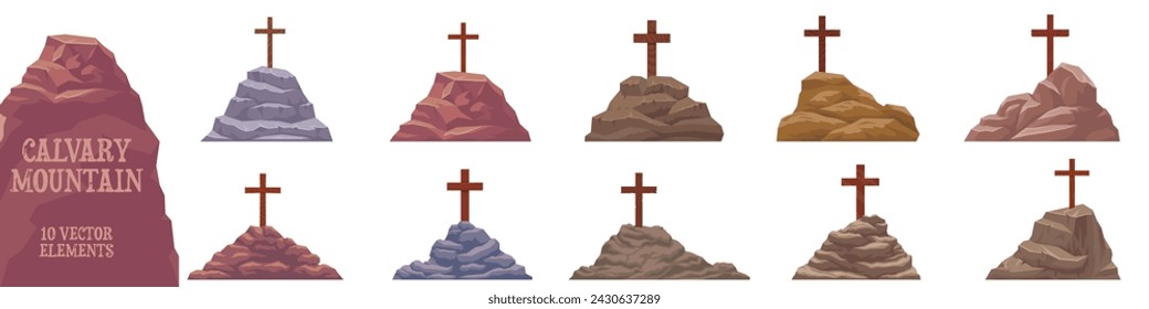 Calvary mountain icon set. Cartoon style.