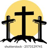 Calvary Silhouette The Crosses of Faith at sunset. Ideal for use during Holy Week, Easter, or any religious observance, this image resonates with themes of sacrifice, redemption, and divine love.