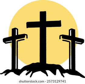 Calvary Silhouette The Crosses of Faith at sunset. Ideal for use during Holy Week, Easter, or any religious observance, this image resonates with themes of sacrifice, redemption, and divine love.