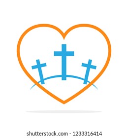 Calvary symbol with shape of heart. Vector illustration. Colored icon of Golgotha