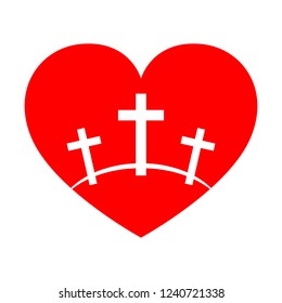 Calvary symbol with shape of heart. Vector illustration. Red icon of Golgotha