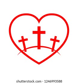 Calvary symbol with shape of heart. Vector illustration. Red icon of Golgotha