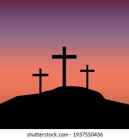 Calvary three crosses, great design for any purposes. Crucifixion against the background of sunset. Stock image. EPS 10.