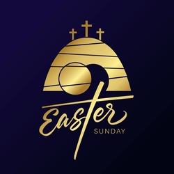 Calvary And Tomb, Easter Sunday Youth Golden Design. Christian Symbols - Calvary, Three Crosses And An Open Tomb. Vector Illustration