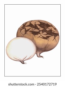 Calvatia gigantea, hand-painted floral and botanical painting, hand-painted herbal painting, natural herbs.