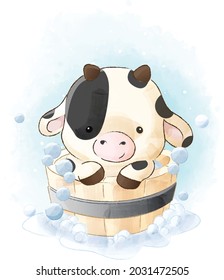 calves baby showe in bathroom cartoon illustration, watercolor animals Isolated on white background, for cover book, print, baby shower, nursery decorations, birthday invitations, poster, greeting car