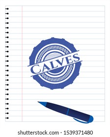 Calves emblem draw with pen effect. Blue ink. Vector Illustration. Detailed.