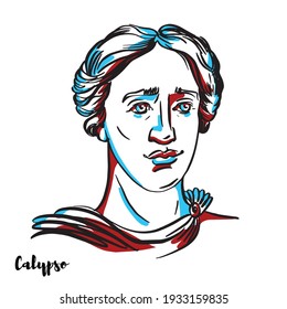 Calypso engraved vector portrait with ink contours on white background. The nymph in Greek mythology, who lived on the island of Ogygia, where she detained Odysseus for seven years.