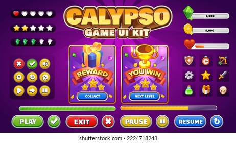 The Calypso Game UI interface kit for Mobile and Web fantasy theme games with Buttons, icons, win and lose Screens, Loading Progress Bars and powers icon - vector design