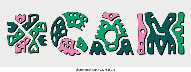 CAM Hashtag. Doodle isolate text. Colored curves decorative doodle letters. Folk artwork style. Hashtag #CAM for Webcam resources, booklet, banner, flyer.