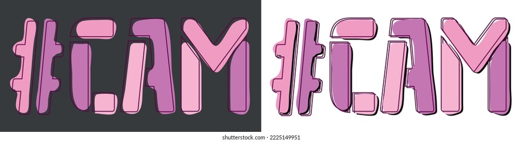 CAM Hashtag. Isolate curves doodle letters. Set 2 in 1. Pink, Purple colors. Popular Hashtag #CAM for social network, webcam resources, mobile apps, games. Stock vector picture.