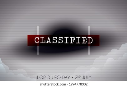 Cam visor with scanlines of the sky view with strange flying object like a blurred spaceship and classified label, during World UFO Day celebration this 2nd July.
