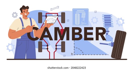 Kamberische typografische Kopfzeile. Autoreifen-Service-Mitarbeiter, der einen Autoreifen wechselt. Kamberdiagnostik. Mechanisches Wechseln der Reifen eines Fahrzeugs. Vektorgrafik