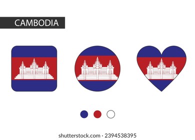 Camboya 3 formas (cuadrado, círculo, corazón) con bandera de la ciudad. Aislado sobre fondo blanco.