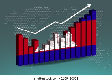 Cambodia 3D bar chart graph with ups and downs, increasing values, Cambodia country flag on 3D bar graph, upward rising arrow on data, news banner idea, developing country concept