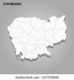 Cambodia 3d map with borders of regions. Vector illustration
