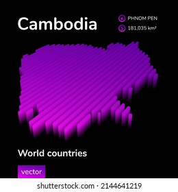 Cambodia 3D map. Stylized striped isometric neon vector Map of Cambodia is in violet and pink colors on black background. Educational banner