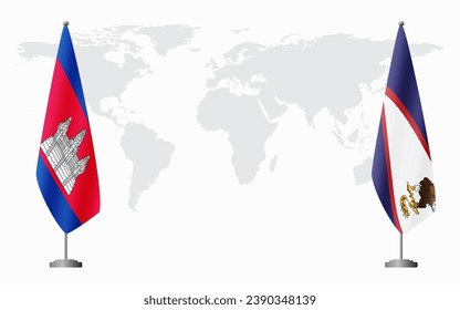 Cambodia and American Samoa flags for official meeting against background of world map.