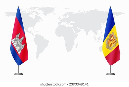 Cambodia and Andorra flags for official meeting against background of world map.