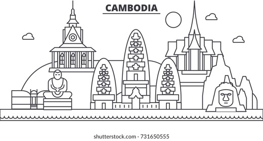 Cambodia architecture line skyline illustration. Linear vector cityscape with famous landmarks, city sights, design icons. Landscape wtih editable strokes