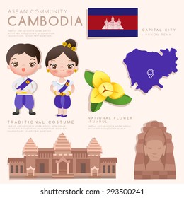 Cambodia : Asean Economic Community (AEC) Infographic with Traditional Costume, National Flower and Tourist Attractions : Vector Illustration EPS10