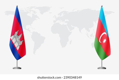 Cambodia and Azerbaijan flags for official meeting against background of world map.