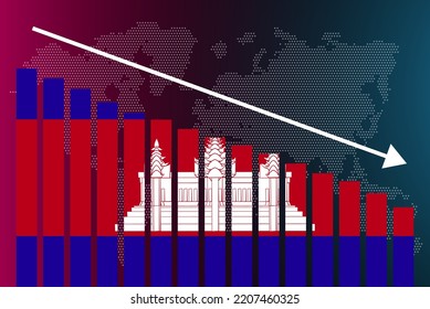 Cambodia bar chart graph, decreasing values, crisis and downgrade concept, Cambodia flag on bar graph, down arrow on data, news banner idea, fail and decrease, financial statistic