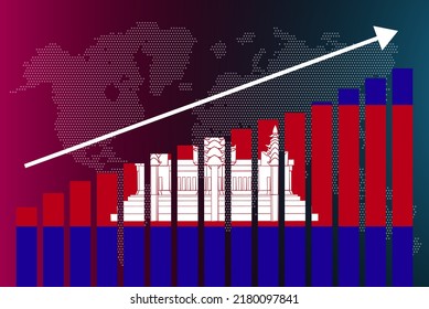 Cambodia bar chart graph, increasing values, country statistics concept, Cambodia country flag on bar graph, upward rising arrow on data, news banner idea