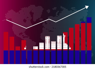 Cambodia bar chart graph with ups and downs, increasing values, Cambodia country flag on bar graph, upward rising arrow on data, news banner idea, developing country concept