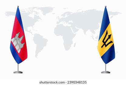 Cambodia and Barbados flags for official meeting against background of world map.