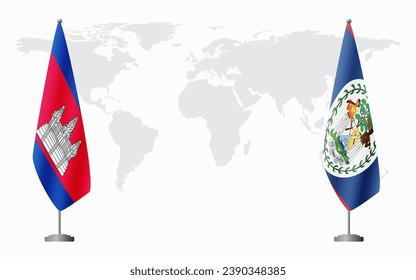 Cambodia and Belize flags for official meeting against background of world map.