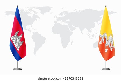 Cambodia and Bhutan flags for official meeting against background of world map.