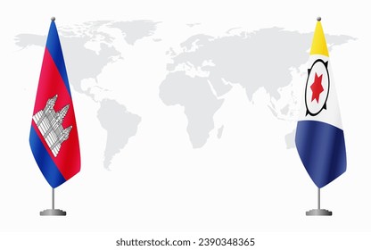 Cambodia and Bonaire flags for official meeting against background of world map.