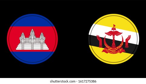 Cambodia and Brunei flag circle on a black background