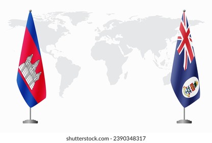 Cambodia and Cayman Islands flags for official meeting against background of world map.