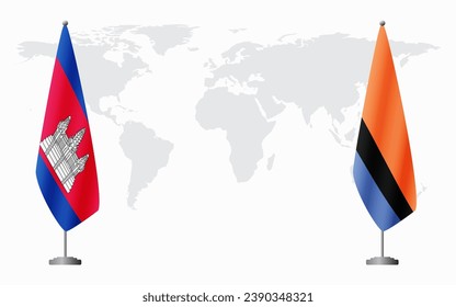 Cambodia and Chagos Islands flags for official meeting against background of world map.