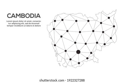 Cambodia communication network map. Vector image of a low poly global map with city lights. Map in the form of lines and dots