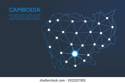 Cambodia communication network map. Vector low poly image of a global map with lights in the form of cities. Map in the form of a constellation, mute and stars