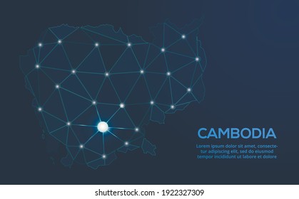 Mapa de la red de comunicaciones de Camboya. Imagen de un mapa global con luces en forma de ciudades. Mapa en forma de constelación, silencio y estrellas