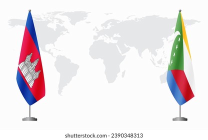 Cambodia and Comoros flags for official meeting against background of world map.