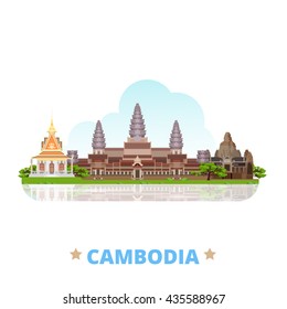 Cambodia country design template. Flat cartoon style historic sight showplace web vector illustration. World vacation travel Asia Asian collection. Bayon Khmer temple Angkor Wat complex Silver Pagoda.